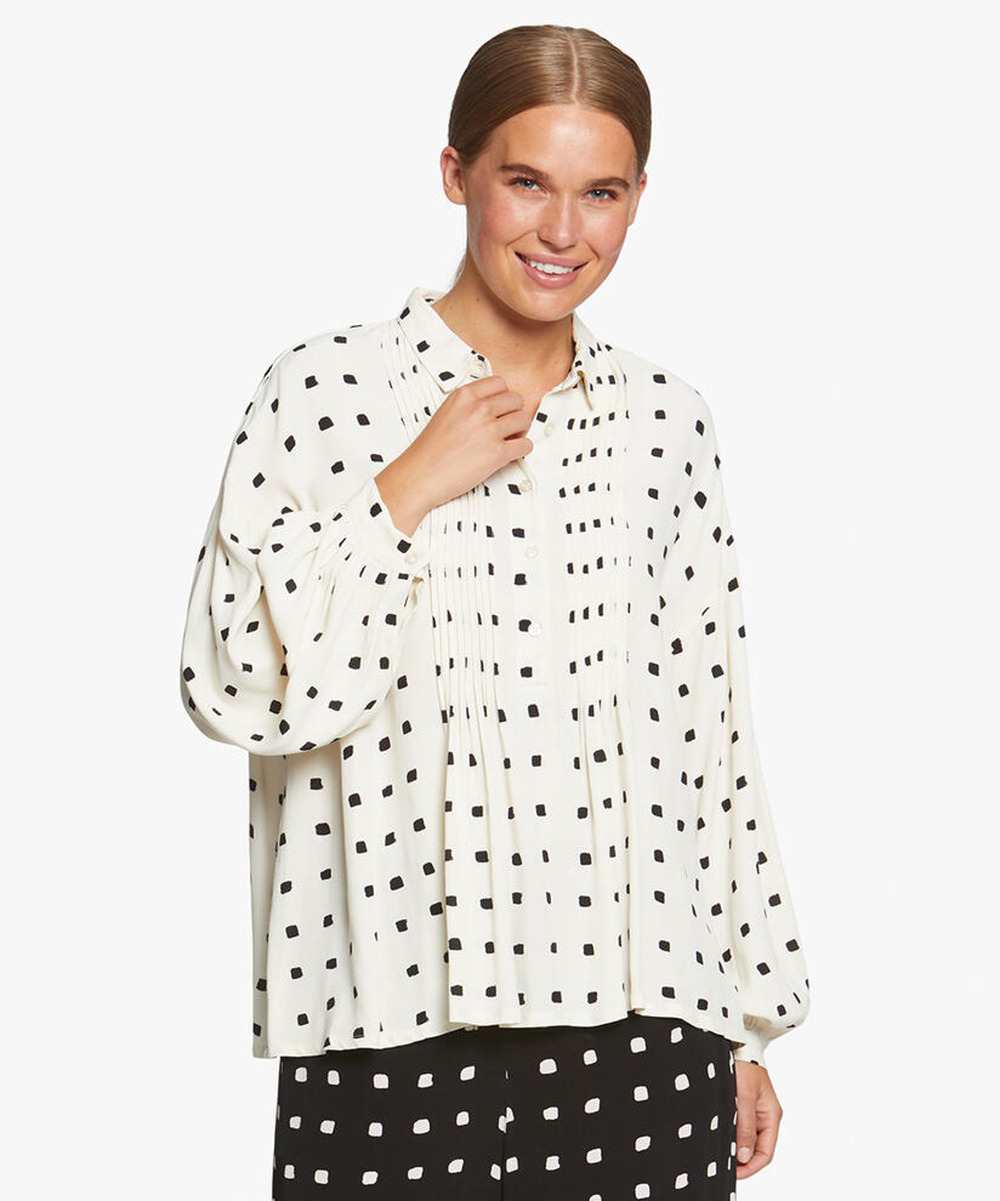 Masai Badisso Polka Dot Print Pleated Long Sleeve Blouse White Black M